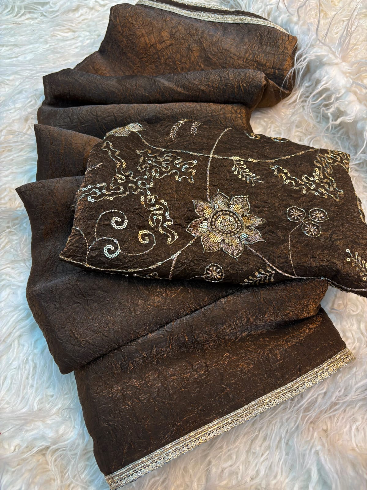 Crush Space Silk Saree with Maggam Work Blouse - Chocolate