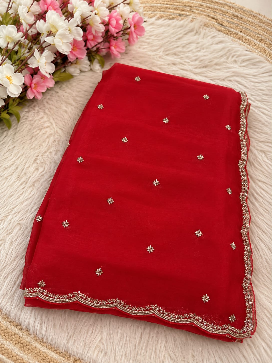 Space Silk Saree with Sugar Beads Work - Red