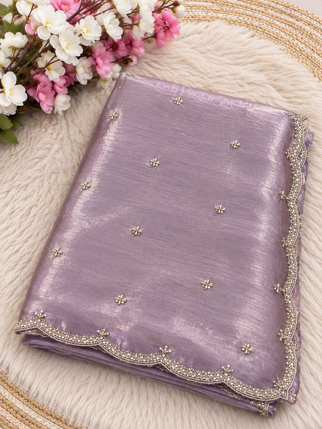 Space Silk Saree with Sugar Beads Work - Lavender