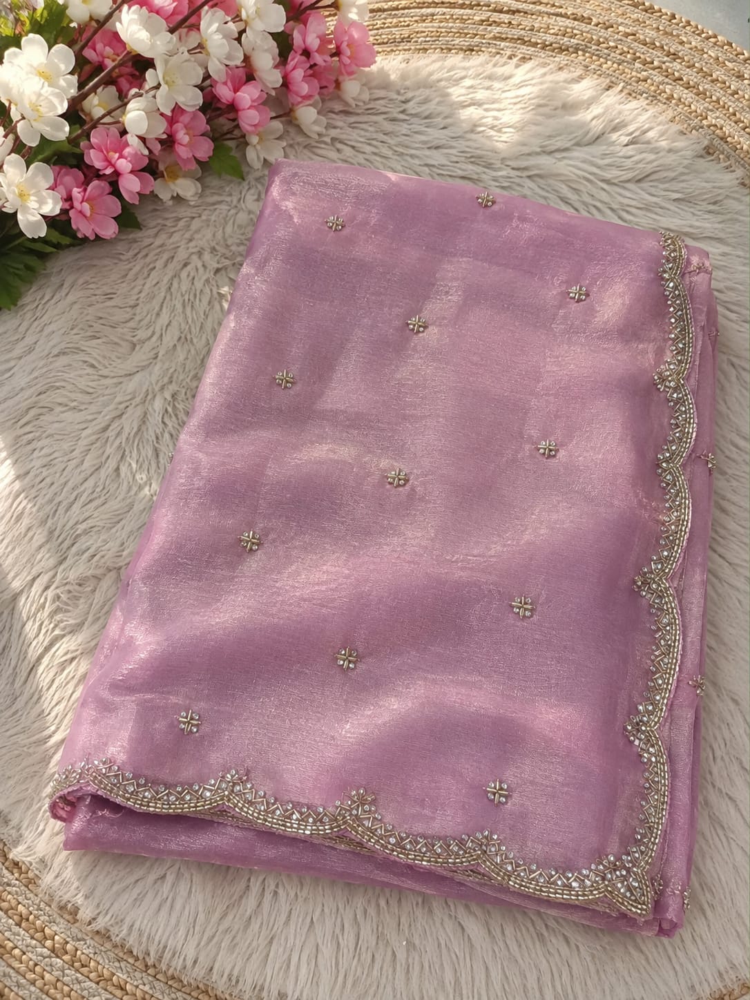 Space Silk Saree with Sugar Beads Work - Baby Pink