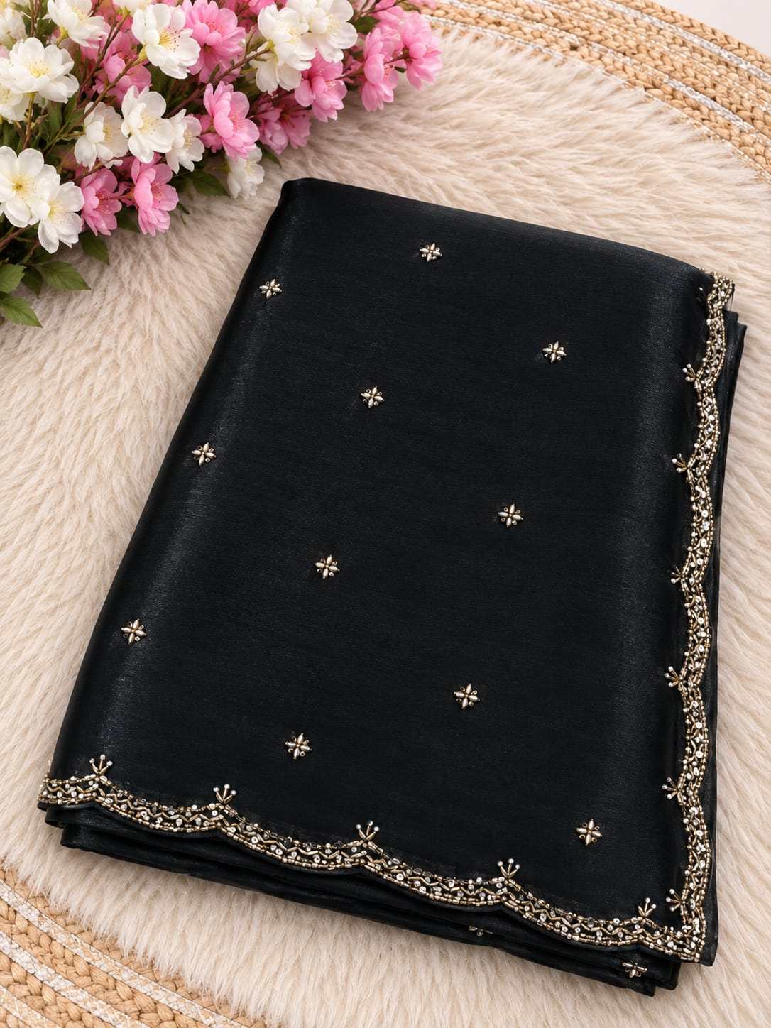 Space Silk Saree with Sugar Beads Work - Black