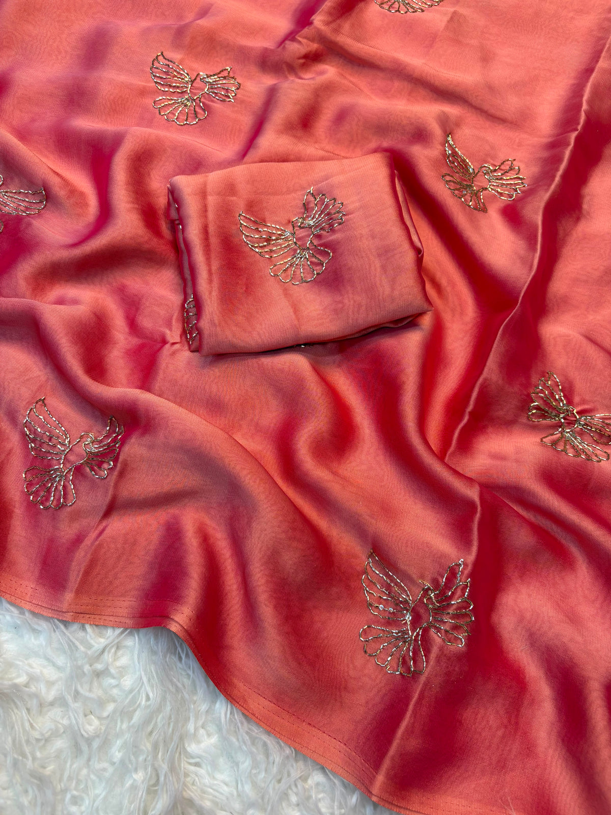 Georgette Saree with Sugarbeads Embroidery Work - Peach
