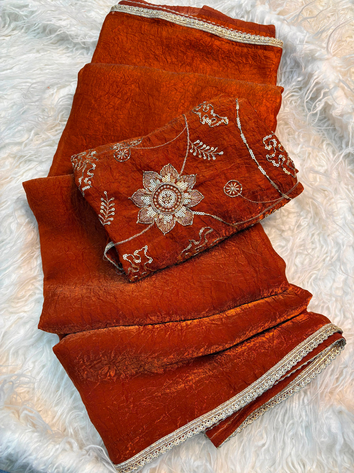 Crush Space Silk Saree with Maggam Work Blouse - Rust Orange