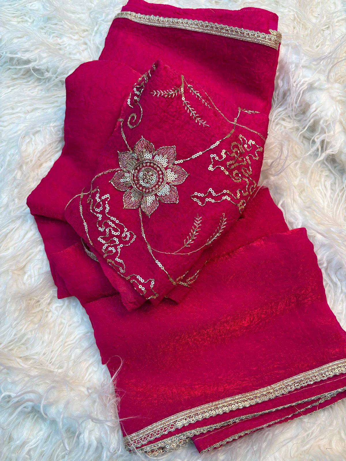 Crush Space Silk Saree with Maggam Work Blouse - Pink