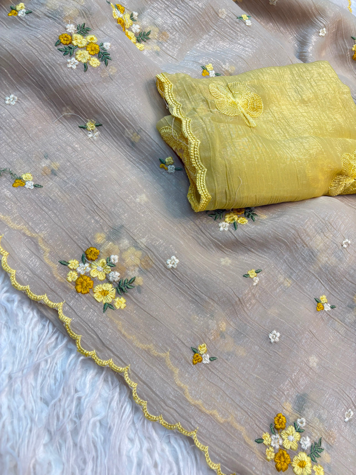Crush organza embroidery work sarees with contrast blouse