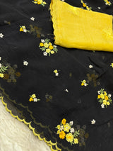 Crush organza embroidery work sarees with contrast blouse