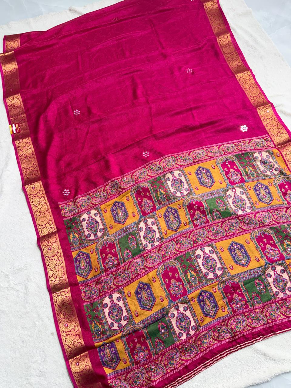 Marshmellow Silk Emboss Weaving Foil Work Saree