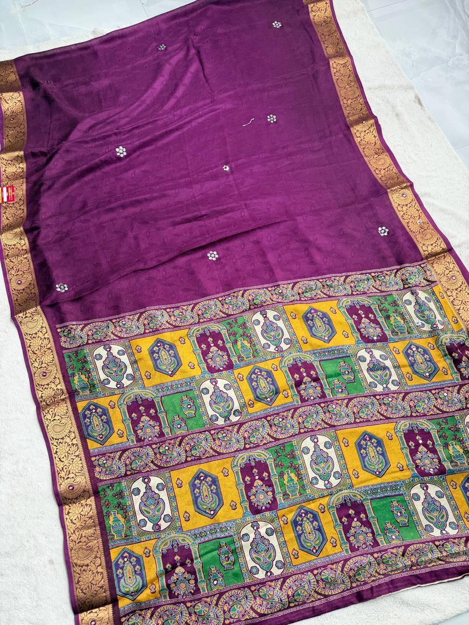 Marshmellow Silk Emboss Weaving Foil Work Saree