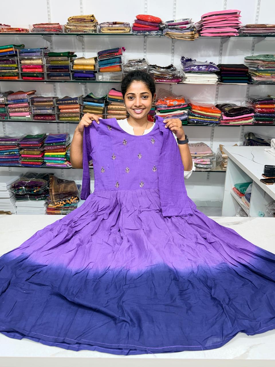 Mul Cotton Dual Shade Cutdana Embroidery Work Frock