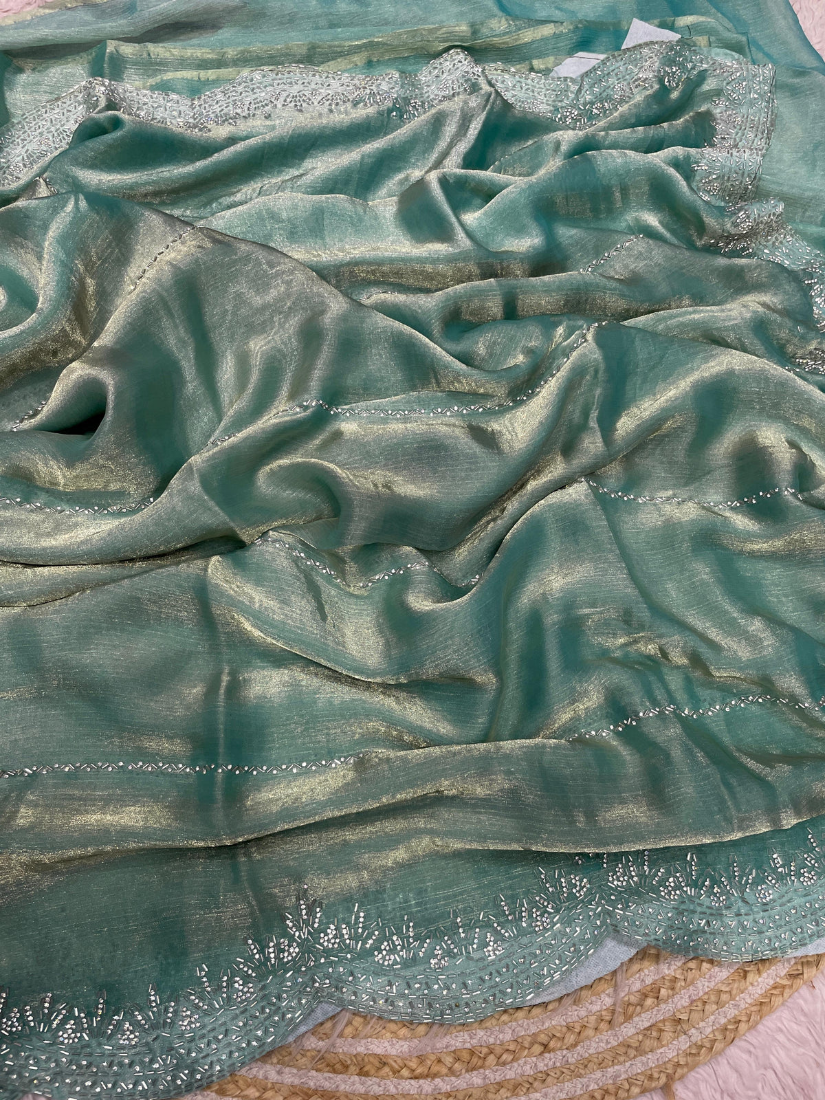 Space Silk Sugar Beads Work Saree - Sky Blue