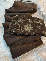 Crush Space Silk Saree with Maggam Work Blouse - Chocolate