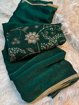 Crush Space Silk Saree with Maggam Work Blouse - Green