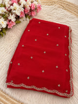 Space Silk Saree with Sugar Beads Work - Red