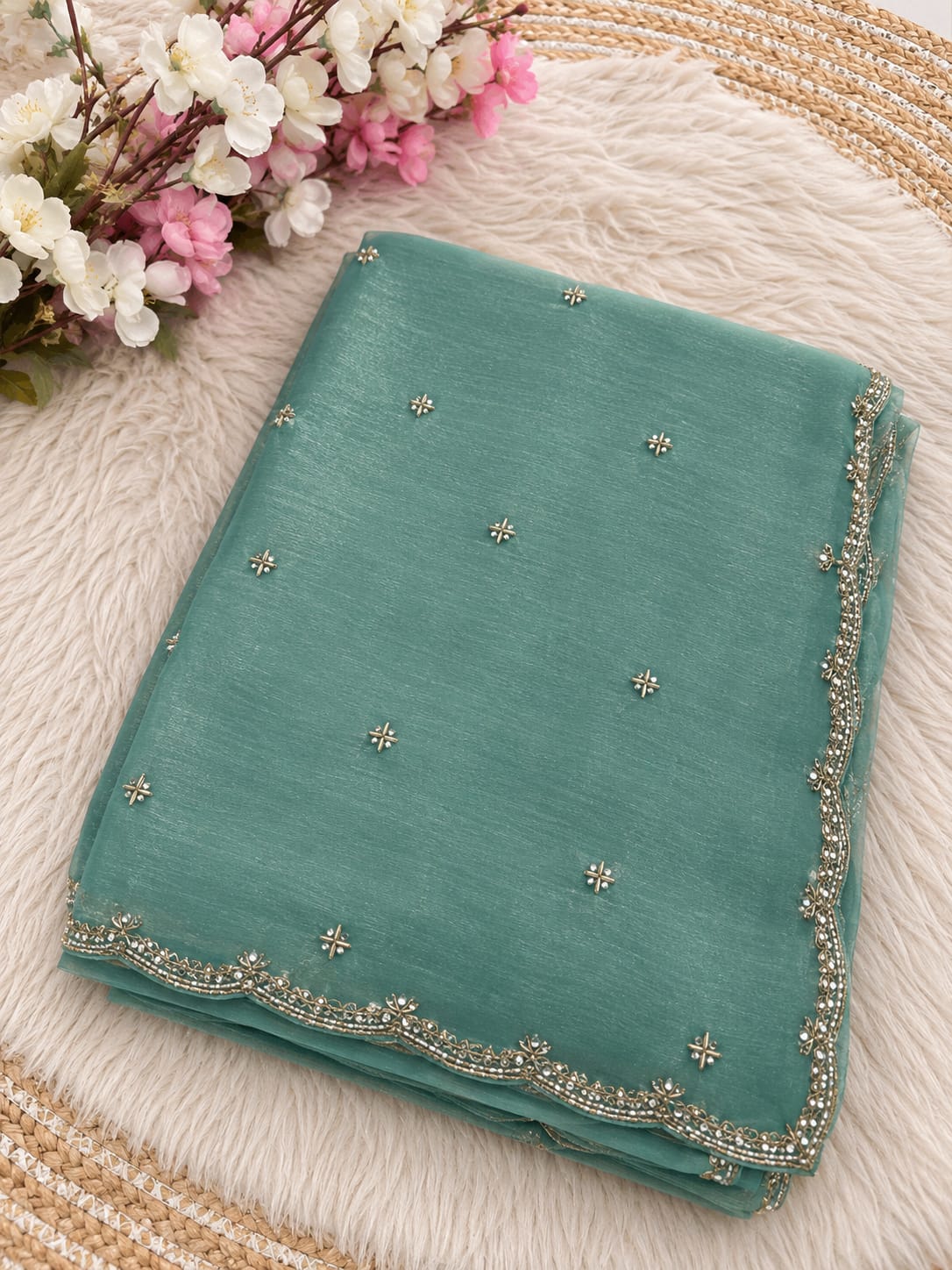 Space Silk Saree with Sugar Beads Work - Sky Blue