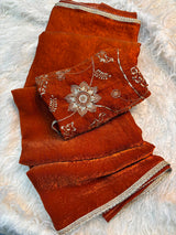 Crush Space Silk Saree with Maggam Work Blouse - Rust Orange