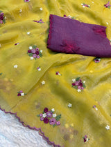 Crush organza embroidery work sarees with contrast blouse